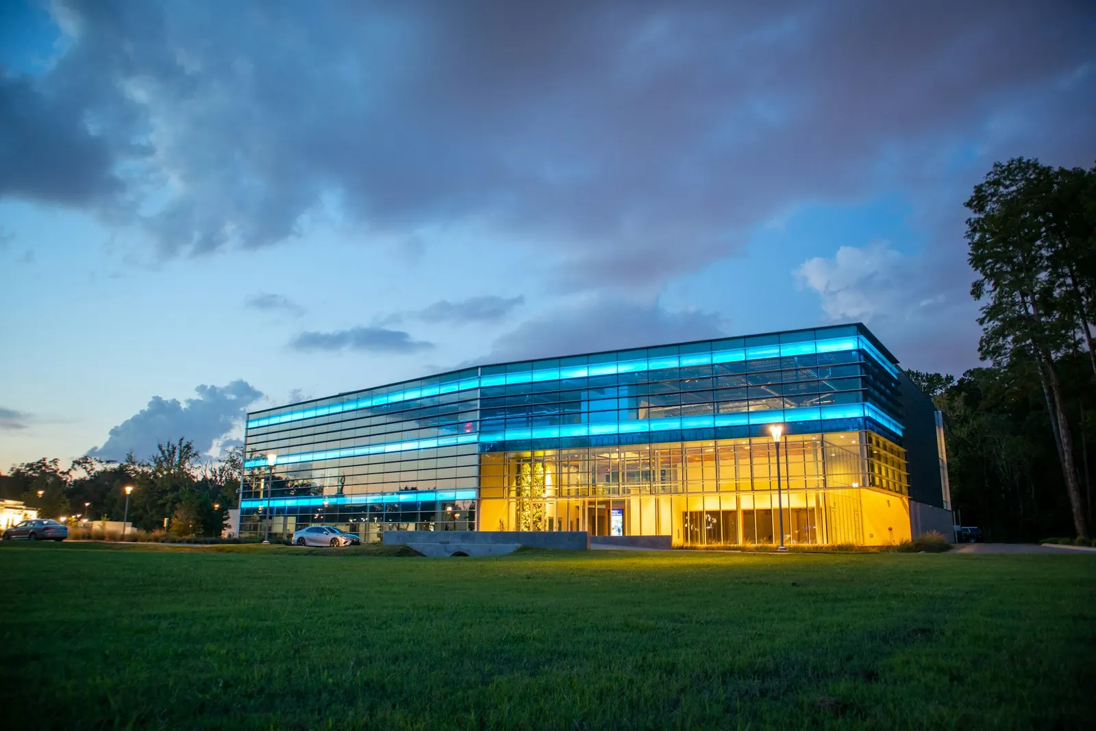 Modern commercial office building at dusk